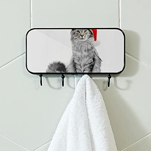 חתול לובש כובע סנטה כובע הדפס מעיל קיר קיר קיר, מתלה מעיל כניסה עם 4 חיבור לעיל מעיל גלימות ארנק חדר אמבטיה כניסה