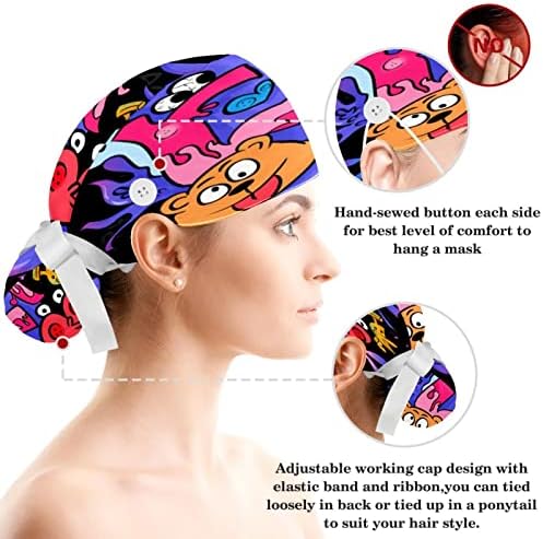 לשפשף כובעי כירורגי נשים עם כפתורי סרט זיעת גומייה לשיער כירורגית כובעי עבור נשים, חמוד דפוס