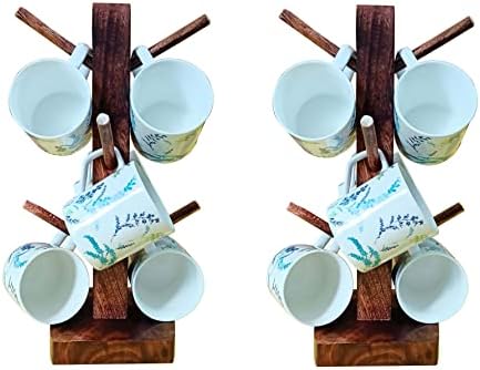 בישול מנגו עץ עץ צורת תה קפה ספל כוס מחזיק מעמד עם נשלף ווים עבור 6 כוסות, סט של 2