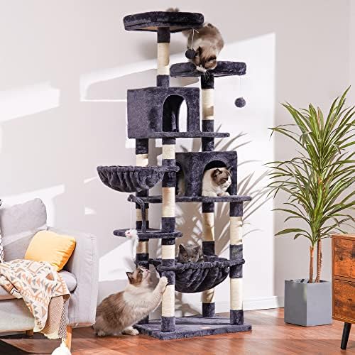 עץ חתול הייבלי עם צעצוע, דירת מגדל חתולים בגודל 70 אינץ ' לחתולים מקורה, בית חתולים עם מוט קטיפה מרופד,