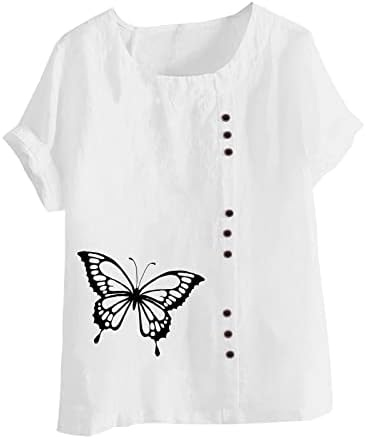 צמרות פשתן קיץ נשים חולצות שרוול קצר מזדמן חולצות פרפר פרפר כותנה פשתן טשירט