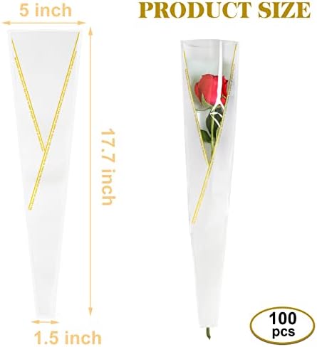 Yarlung 100 חבילה שקיות שרוולי ורדים יחיד אריזת פרחים של יום האם, זר פרחים מוזהב עטיפת צלופן