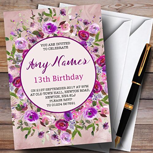 פרחוני מים ורודים וסגולים פרחים 13 הזמנות למסיבת יום הולדת מותאמת אישית