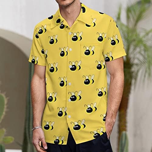 צהוב דבורים דפוס גברים של הוואי חולצה קצר שרוול כיס דק בכושר כפתור למטה למעלה מצחיק