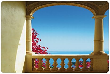 מחצלת לחיות מחמד לפטיו למזון ומים, מרפסת עם נוף לים התיכון אמנות בוגנוויליה מיורקה, מלבן מחצלת גומי
