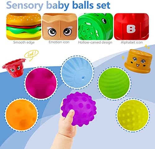 חסימות ערימה רכות של Rohsce, כדורים לתינוקות 6-12 חודשים וטבעות הניתנות לערימה עם דפוסים, 21 יח 'צעצועים
