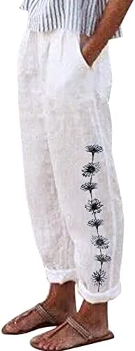 מכנסי הליכה של קפרי נשים עם כיסים מדפיסים נשים ארוכות גבוהות כותנה מכנסיים מזדמנים ישר מכנסיים רופפים מכנסיים של
