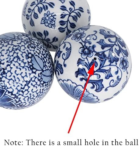 סט של 3 כדורי חרסינה כחולים ולבנים כדורים דקורטיביים כדורי קרמיקה לקערה מרכזית, מגש או עיצוב