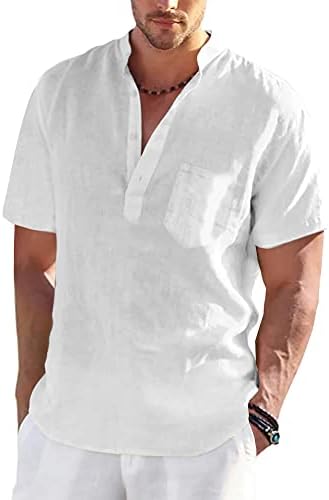 גברים של כותנה פשתן הנלי חולצות קצר שרוול היפי קיץ מזדמן חוף חולצה להקת צווארון קל משקל יוגה טי למעלה