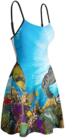 צבעוני אלמוגים שונית וים צב להחליק שמלה לנשים ללא שרוולים טנק-שמלת מתכוונן ספגטי מיני שמלה קיצית