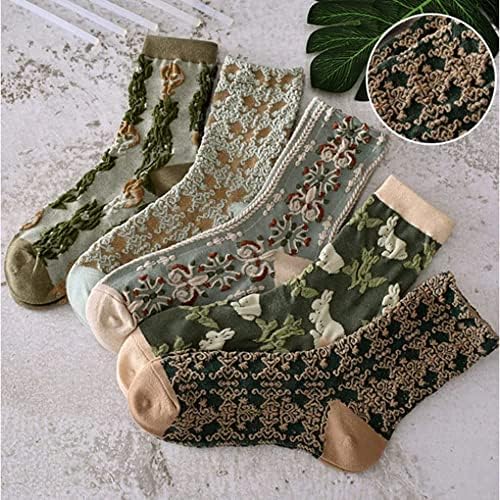 5 זוגות גרבי כותנה פרחוניות לנשים, גרביים פרחוניות רקומות וינטג', גרביים פרחוניות וינטג ' חמות לחורף