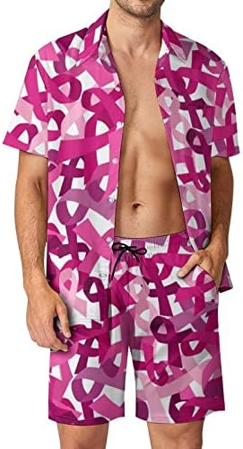 סרטי סרטן ורוד גברים הוואי הגברים כפתורים חולצות שרוול קצר ומכנסיים תלבושות חוף קיץ רופפות אימונית מתאימה
