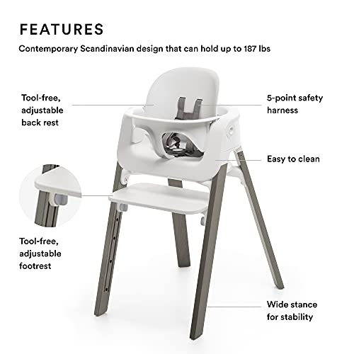 סטוקה צעדים כיסא גבוה - רגליים אפורות מעורפלות & מגבר; מושב לבן - 5-ב-1 מערכת מושב - כולל סט תינוק - חליפות