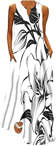 טיקוי נשים ללא שרוולים שמלות צוואר פרחוני הדפסת מקסי שמלת 2023 קיץ מזדמן חוף שמלה קיצית עם כיסים