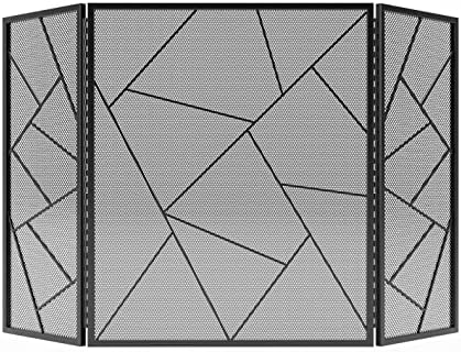 מתכת עכשווי סגנון אח מסך, 3-פנל יצוק ברזל אח ניצוץ משמר דקורטיבי מתכת רשת עבור חיצוני או פנימי, שחור