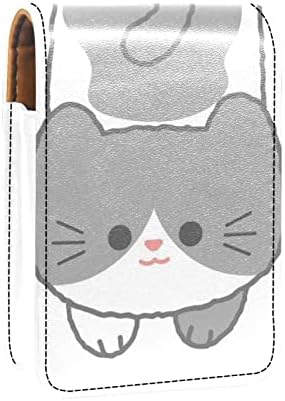 שפתון מקרה עם מראה חמוד נייד איפור תיק קוסמטי פאוץ, קריקטורה יפה בעלי החיים חתול אפור פשוט דפוס