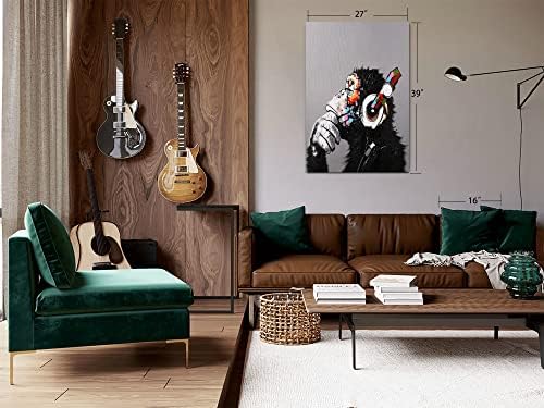 מודרני פופ ארט דקור - ממוסגר - חשיבה קוף עם אוזניות בד הדפסת בית תפאורה קיר אמנות, שחור אמיתי עץ