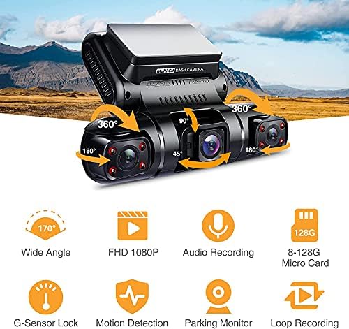 PRUVEEO D90 3 CARAND DASH CAM, 1080p+1080p ערוץ פנימי, 1080p+1080p+1080p קדמי בתוך מצלמת מקף