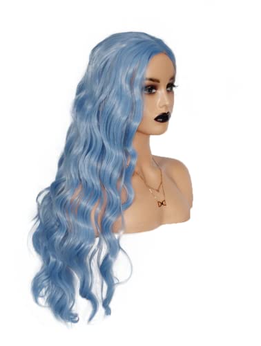 טבעי פסטל כחול פאה ארוך מתולתל גלי פאות 26 סנטימטרים סינטטי חום עמיד התיכון חלק לנשים שיער אור כחול קוספליי