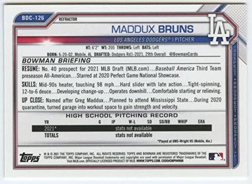 2021 Bowman Chrome Refractor BDC-126 Maddux Bruns RC טירון לוס אנג'לס דודג'רס MLB כרטיס מסחר בייסבול