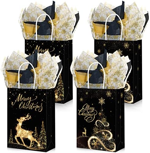 16 יח 'שקיות מתנה לחג המולד שחור זהב עם נייר טישו חג המולד שחור וזהב שקיות פינוקים מתנה מתכתית שקיות גווי