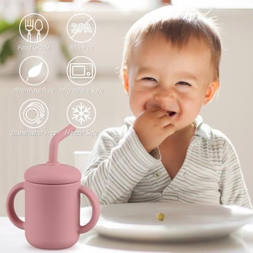 כוס מאמנת לתינוקות מנטליפה, כוס אימון סיליקון בדרגת מזון עם קש נגד טיפות וידיות החלקה, כוס קש ללא החלקה, בלתי