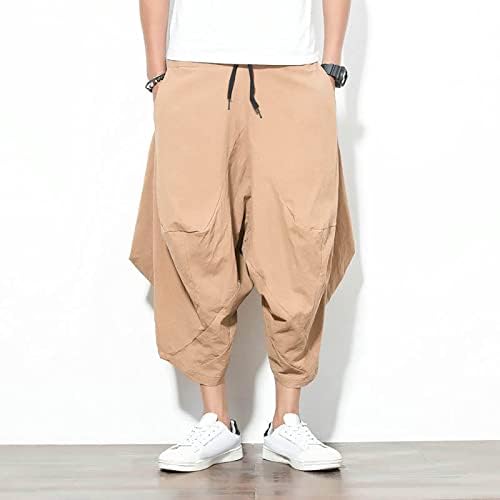 מכנסיים קצרים לגברים של YMOSRH בצבע אחיד מזדמן כותנה פשתן מכנסי רגל רחבים פורחים מכנסיים קצוצים רופפים מכנסיים