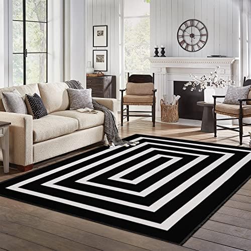 שטיח אזור שחור לבן שטיח 5x7ft מנוגד לגיאומטרי פס מודרני סימטרי מקורה שטיח חיצוני מכונה רחיץ שטיחים