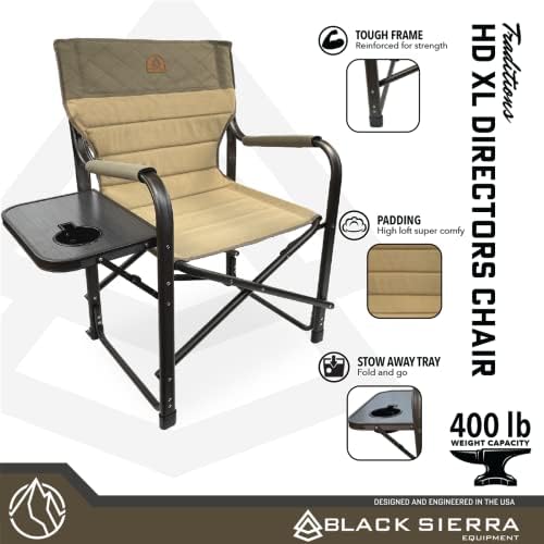 סיירה שחורה מסורות כיסא מנהל כבד XL XL, מתקפל יתר על המידה עם מחזיק כוס ושולחן צדדי, תמיכה בגב