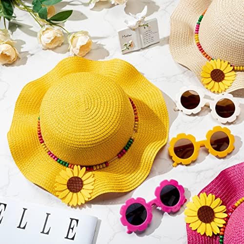 6 חבילה ילדים קיץ קש כובע עבור בנות עגול פרח משקפי שמש דחליל כובע תקליטונים כובע עם חמניות משקפי שמש