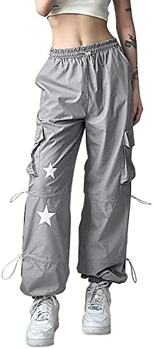 מכנסי מטען לכיס כוכבים לנשים מכנסי מטען מותניים אלסטיים טרנדיים לנשים עיצוב מכנסי מטען מודפסים עיצוב עניבה רופפת