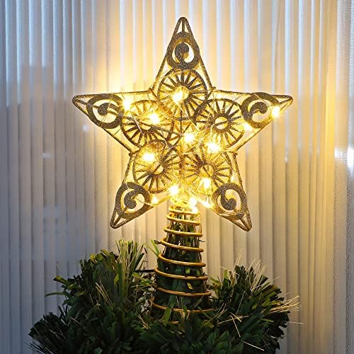 טופר עץ כוכב JueGoal עם 20 נורות LED, קישוט עץ חג המולד מואר זהב, 9 אינץ ', 9 אינץ'