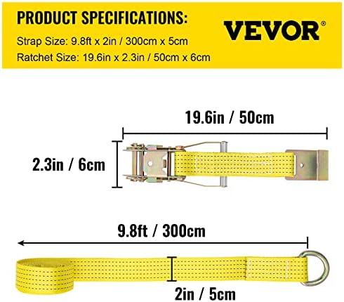 רצועות קשירת מחגר Vevor, 2 '' x 9.8 'רצועות מחגר כבד עם וו יחיד, עומס עבודה של 4000 קילוגרמים, 4 אריזות