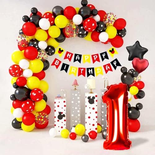 בלוני יום הולדת מספר 1 של עכבר קדייה, 40 בלוני רדיד אלומיניום אדומים שחורים למסיבת יום הולדת 1 של מועדון העכבר,