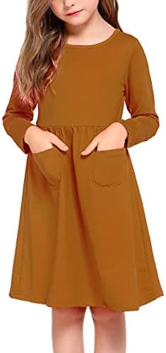ארשינר קטן בנות שמלה ארוך שרוול מוצק צבע מזדמן סקטים כיס שמלה