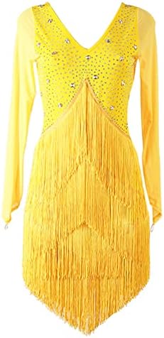 שמלת ריקוד לטינית לטינית של נקוקו רשת שרוול ארוך שרוול V צוואר שוליים רומבה סמבה טנגו שיעור שיעור תחפושת