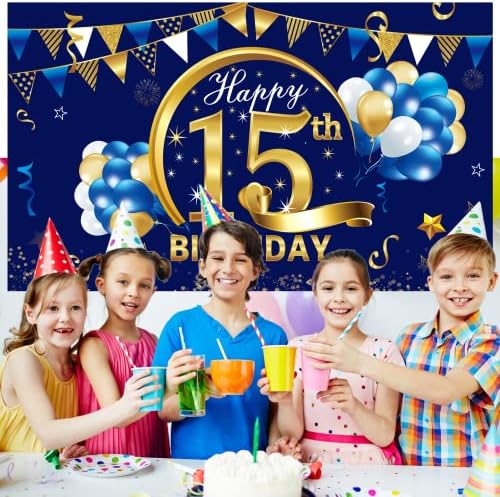 שמח 15 יום הולדת באנר קישוטי עבור ילד-כחול זהב 15 יום הולדת רקע ספקי צד-15 שנה ישן יום הולדת תמונה
