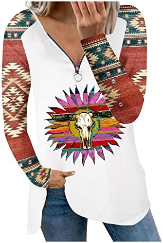 נשים מקרית רוכסן צווארון חולצות בציר מערבי האצטקים אתני הדפסת חולצות בתוספת גודל ארוך שרוול טוניקת חולצה
