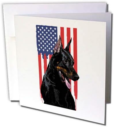 3רוז כלב דוברמן יפהפה עם דגל אמריקאי ברקע-כרטיס ברכה, 6 על 6 אינץ