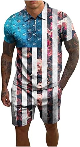 תלבושות 4 ביולי של גברים תלבושות דגל אמריקאי מודפס zip up חולצת פולו רופפת גזעי חג קבע