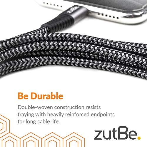 Zutbe Shield Silver & Black MFI כבל ברק מוסמך, מטען Kevlar קלוע מחוזק התואם לכל iPhone 12, SE, 11, X,