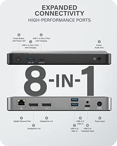 ALOGIC MX2 8-in-1 4K USB-C תחנת עגינה, 2x DisplayPort, 3x USB-A, USB-C, 3.5 ממ TRRS שמע/מיקרופון שקע & Gigabit