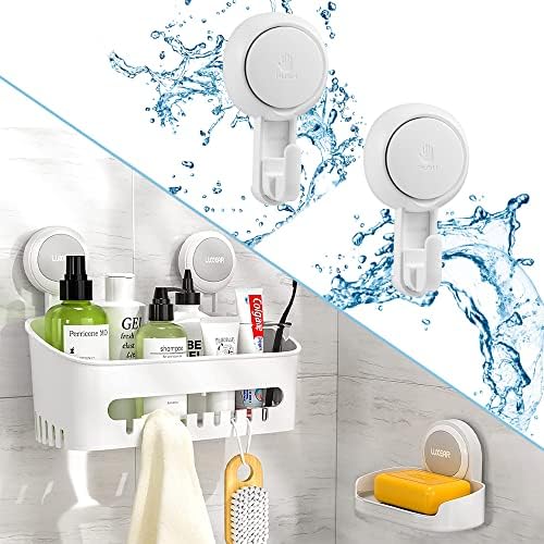LUXEAR 4 חבילות מקלחת סט כוס יניקה קאדי - מדף מקלחת+צלחת סבון+ווים יניקה - התקנה שנייה אחת ללא קידוח נשלף