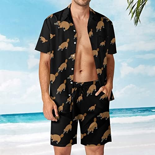 Weedkeycat platypus ברווז ברווז תלבושות חוף גברים 2 חלקים כפתור הוואי מטה חולצה קצרה שרוול ומכנסיים קצרים.