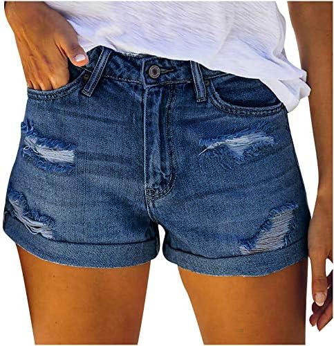 מכנסי ג'ינס בקיץ לנשים באמצע המותניים במצוקה שחרר שולי מקופל ג'ין קצר נמתח מנותק מכנסיים חמים נוחים