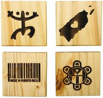 תחתיות גאווה פורטוריקניות: ערכת מתנה חרוטה קבועה של 4 תחתיות עץ. סמל הקוקי, תוצרת פורטו ריקו ברקוד,