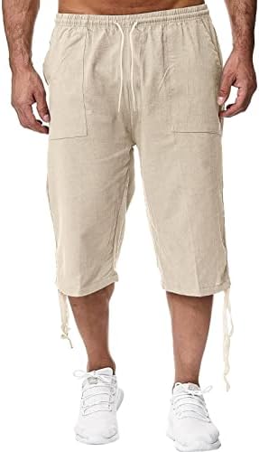 Gokkilrw פשתן גברים כותנה קפריס קצוצה מכנסיים קצוצים 3/4 מתחת לברך רגוע כושר מכנסי זיעה קצרים בקיץ