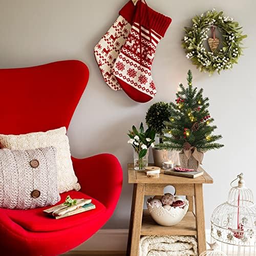 עץ חג המולד מיני של 24 אינץ 'מראש, עץ חג מולד, עץ חג המולד קטן עם 20 נורות LED ושקית בד, עץ אורן