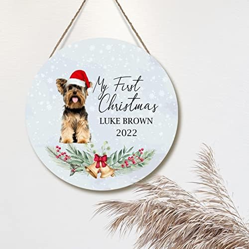 דלת חג המולד זרים זרים כלב עם כובע סנטה כובע קיר חותם על חג המולד הראשון שלי חג המולד המותאם אישית עיצוב