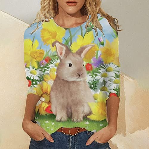 חולצות פסחא של CGGMVCG לנשים 3/4 שרוול חמוד תלת מימד הדפסת ארנב שלוש רבע שרוול שרוול צוואר צוואר חולצות